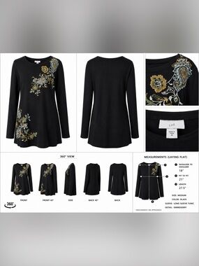 EUC - J. Jill Black Long-Sleeve Tunic with Gold and Green Floral Embroidery MED